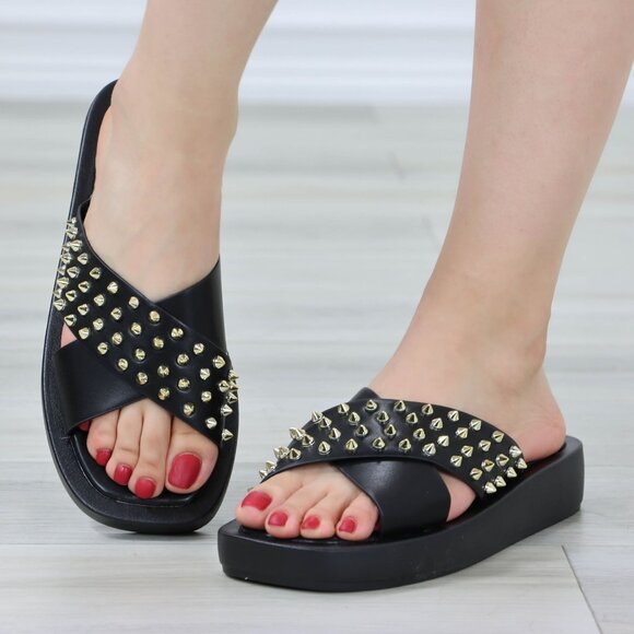 Black Sliders Slip On Sandals Faux Leather Gold Metal Stud Criss Cross - Picture 2 of 12